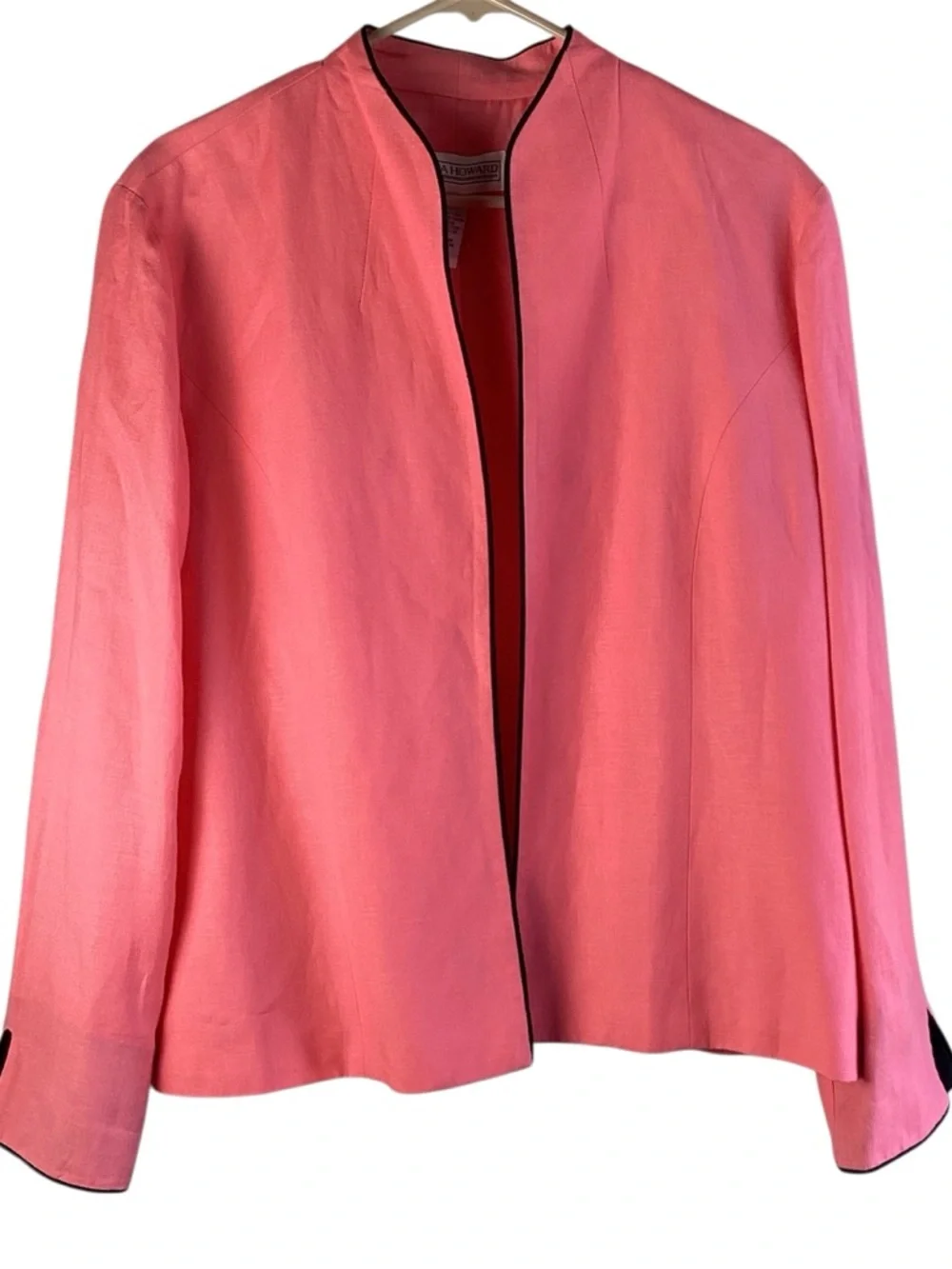 Jessica Howard Coral-Pink Open Front Blazer jacket with Black Trim linen blend - Picture 1 of 7